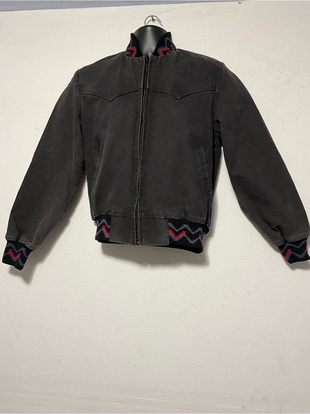 VTG 90s Walls Western Canvas Bomber Jacket Small Made in USA Black Aztec Trim